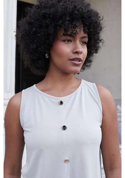 Kadın Modal Kumaş Geniş Sıfır Yaka Önü Yırtmaçlı Düğmeli Kolsuz Bluz-Taş fırsatları