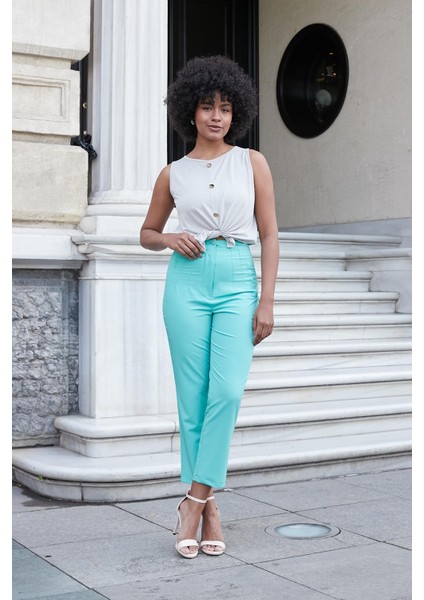 Kadın Modal Kumaş Geniş Sıfır Yaka Önü Yırtmaçlı Düğmeli Kolsuz Bluz-Taş indirimleri