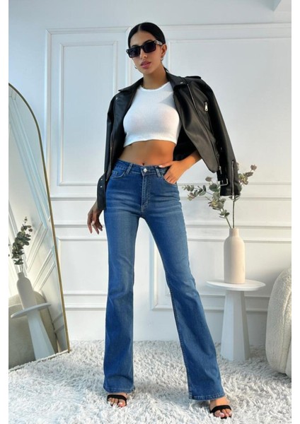 Kadın Yüksek Bel Ispanyol Paça Likralı Indigo Jean Pantolon
