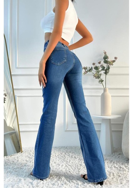 Kadın Yüksek Bel Ispanyol Paça Likralı Indigo Jean Pantolon fiyatları