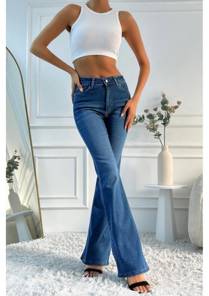 Kadın Yüksek Bel Ispanyol Paça Likralı Indigo Jean Pantolon modelleri