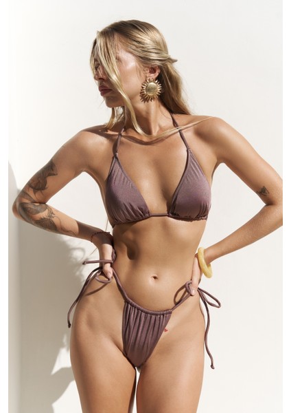 Cahya Bağlamalı Kahve Üçgen Bikini Üstü