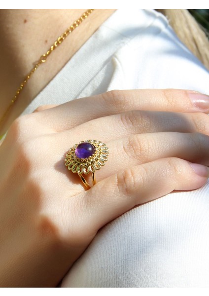 Doğal Taş Ametist Doğal Taşlı Telkari Model Kadın Ayarlanabilir Altın Kaplama Yüzük EUY63AMTG