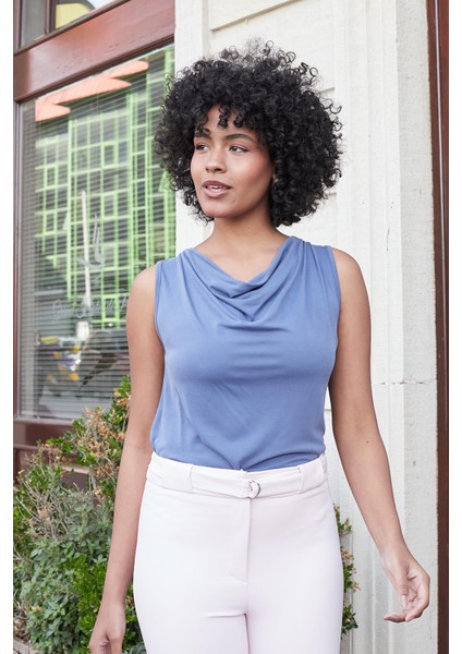 Kadın Modal Penye Degaje Yaka Kolsuz Bluz-Indigo