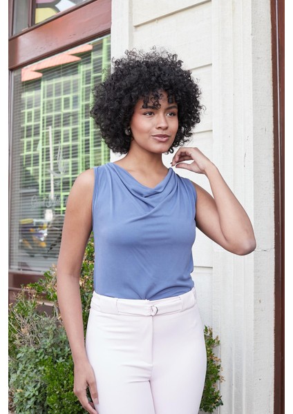 Kadın Modal Penye Degaje Yaka Kolsuz Bluz-Indigo fiyatları