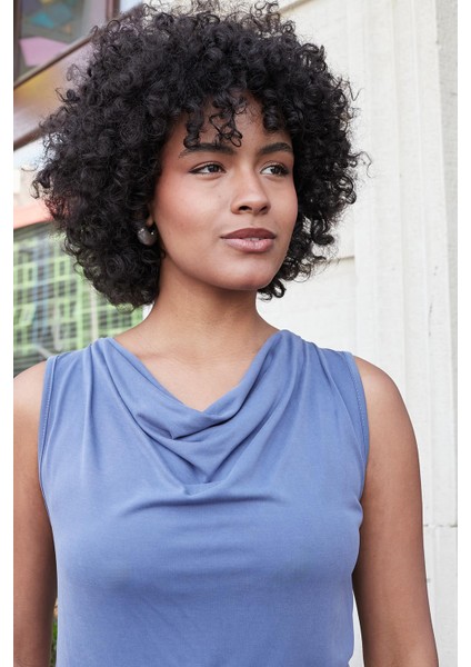 Kadın Modal Penye Degaje Yaka Kolsuz Bluz-Indigo fırsatları