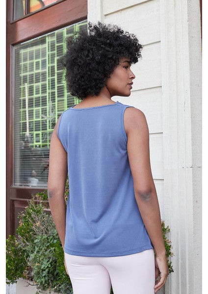 Kadın Modal Penye Degaje Yaka Kolsuz Bluz-Indigo indirimleri