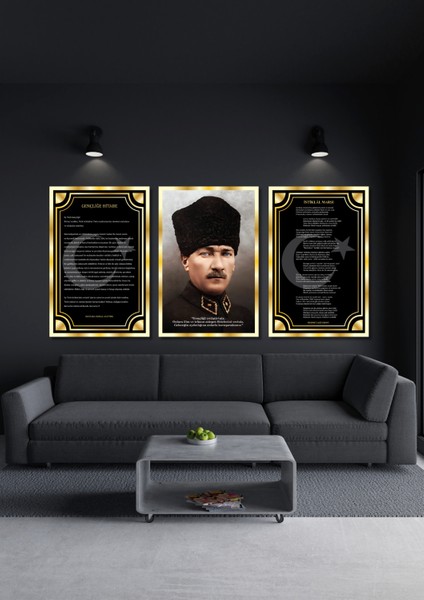 Gold Pleksi Çerçeveli 3lü Atatürk Istiklal Marşı Gençliğe Hitabe Duvar Dekoru Tablo Seti modelleri