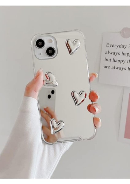 Iphone 15 Uyumlu Aynalı Kılıf Gümüş Kalp Tasarımlı Şık Darbelere Karşı Dayanıklı Esnek Kapak
