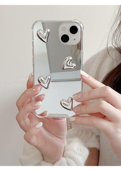 Iphone 15 Uyumlu Aynalı Kılıf Gümüş Kalp Tasarımlı Şık Darbelere Karşı Dayanıklı Esnek Kapak modelleri