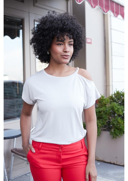 Kadın Modal Penye Geniş Sıfır Yaka Omuzu Dekolteli Aksesuarlı Düşük Omuz Bluz-Taş