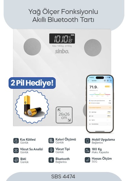 SBS-4474 26X26 cm Bluetooth Dijital Yağ Su Kas Vücut Kitle Endeksi Kilo Ölçer Tartı Baskül
