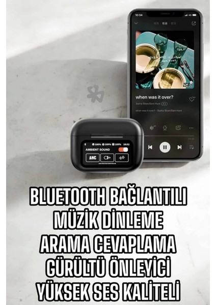 Kablosuz Bluetooth Kulaklık Ekranlı Uzun Şarj Süreli Anc Destekli