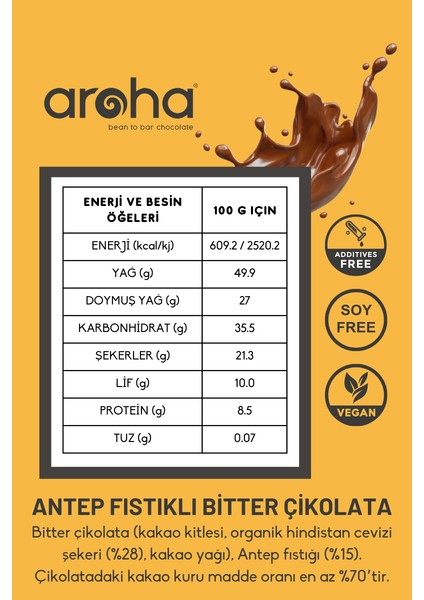 %70 Kakao Antep Fıstıklı Bitter Çikolata Organik Hindistan Cevizi Şekerli 40 G fiyatları