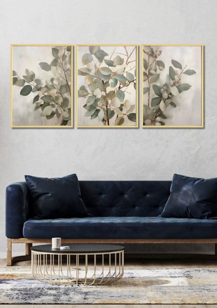 Ahşap Çerçeve Görünümlü Okaliptüs Yaprakları Tablo Seti Salon Oturma Yatak Odası Için Duvar Dekoru