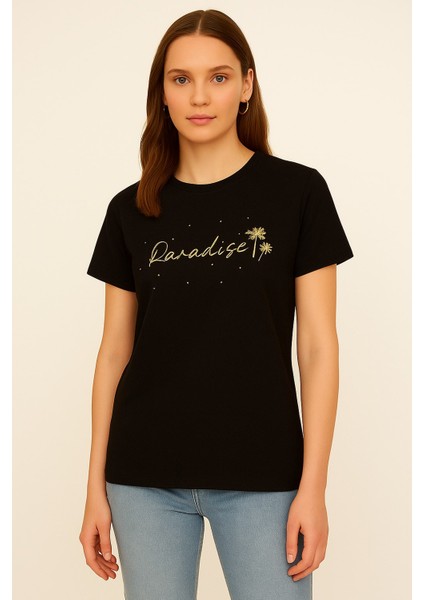 Kadın Siyah Gold Baskılı Yazılı Kısa Kollu Bisiklet Yaka Tişört