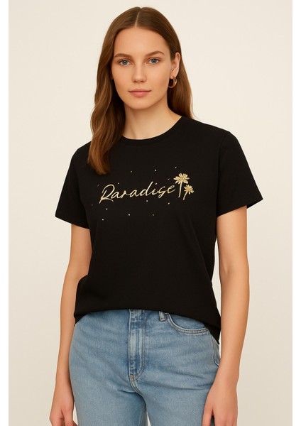 Kadın Siyah Gold Baskılı Yazılı Kısa Kollu Bisiklet Yaka Tişört fiyatları
