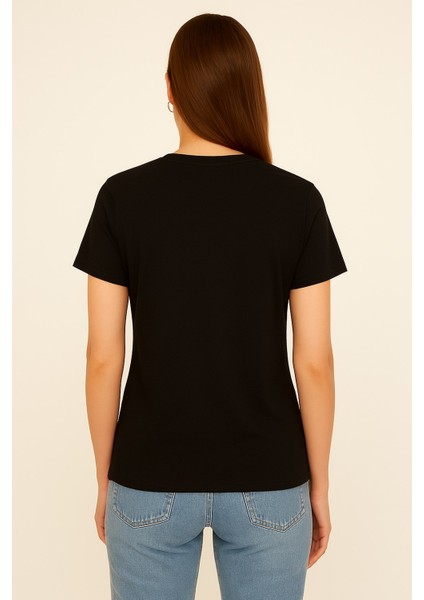 Kadın Siyah Gold Baskılı Yazılı Kısa Kollu Bisiklet Yaka Tişört modelleri