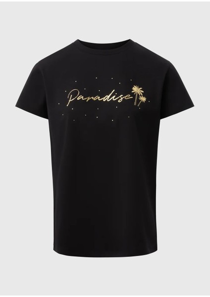 Kadın Siyah Gold Baskılı Yazılı Kısa Kollu Bisiklet Yaka Tişört fırsatları