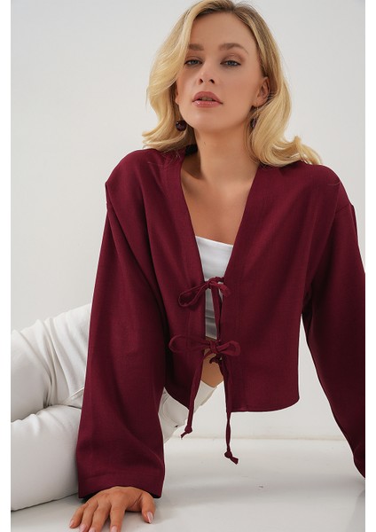 Önü Bağlamalı Keten Kimono 960 - Bordo