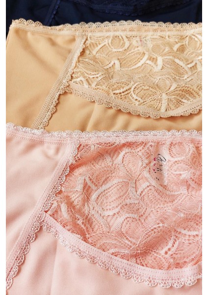 Kadın Lazer Kesim Dantel Detaylı Slip Külot 3'lü Paket Set - KTS3100