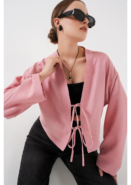 Önü Bağlamalı Keten Kimono 960 - Pudra