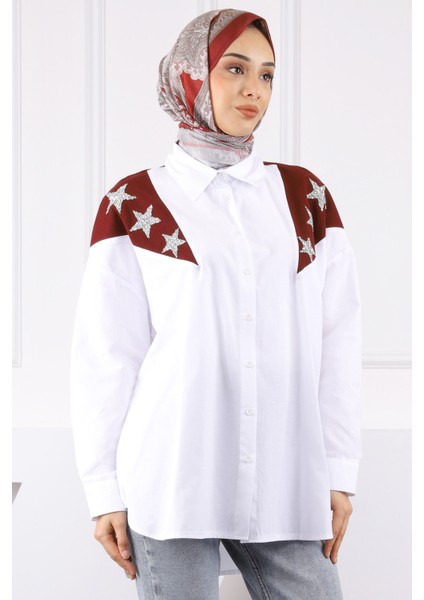 Bordo Garnili Taş Detaylı Gömlek