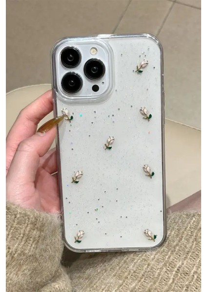Apple iPhone 14 Pro Max Uyumlu Kılıf Simli Gül Darbeye Karşı Dayanıklı Yumuşak Silikon Kapak