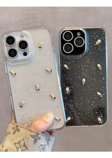 Apple iPhone 14 Pro Max Uyumlu Kılıf Simli Gül Darbeye Karşı Dayanıklı Yumuşak Silikon Kapak