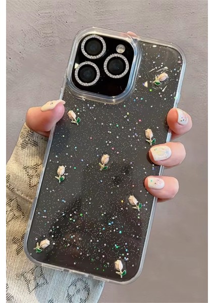 Apple iPhone 14 Pro Max Uyumlu Kılıf Simli Gül Darbeye Karşı Dayanıklı Yumuşak Silikon Kapak
