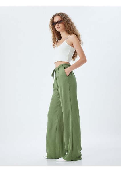 Yeni Sezon Geniş Paça Pantolon Düğmeli Beli Bağcıklı Normal Bel