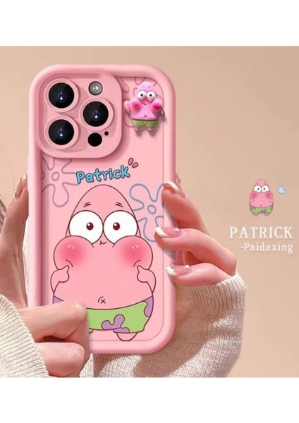 Iphone 14 Pro Max Uyumlu Kılıf Patrick Desenli 3D Oyuncaklı Kamera Korumalı Yumuşak Kapak Pembe