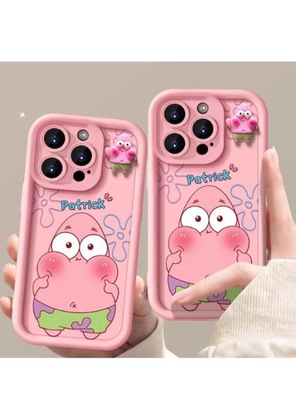 Iphone 14 Pro Max Uyumlu Kılıf Patrick Desenli 3D Oyuncaklı Kamera Korumalı Yumuşak Kapak Pembe