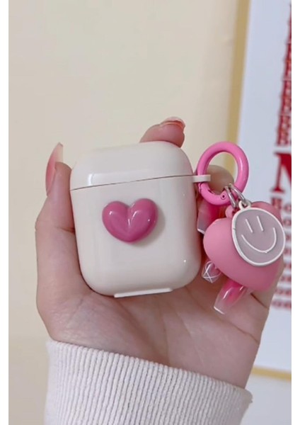 Airpods 1. ve 2. Nesil Uyumlu 3D Roze Kalp Kopçalı Kulaklık Kılıfı
