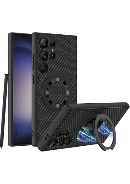 Galaxy Uyumlu S24 Ultra Wireless Şarj Özellikli Zore Kıpta Standlı M-Safe Silikon Kapak-Siyah Karbon