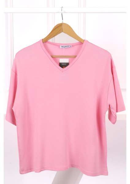 Pembe V Yaka Kısa Kol T-Shirt