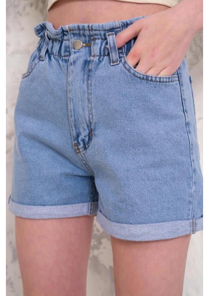 Kadın Fırfır Detaylı Beli Lastikli Duble Paça Denim Mini Şort