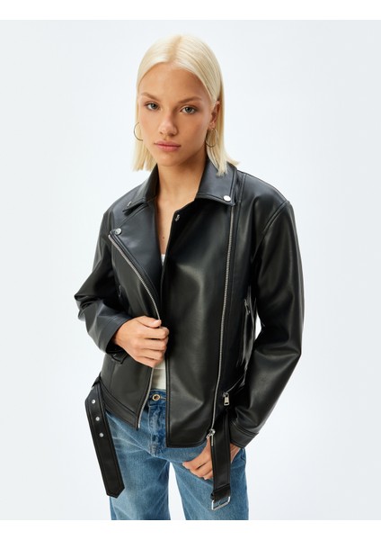 Yeni Sezon Crop Oversize Suni Deri Biker Ceket Fermuarlı Cepli Kemer Detaylı