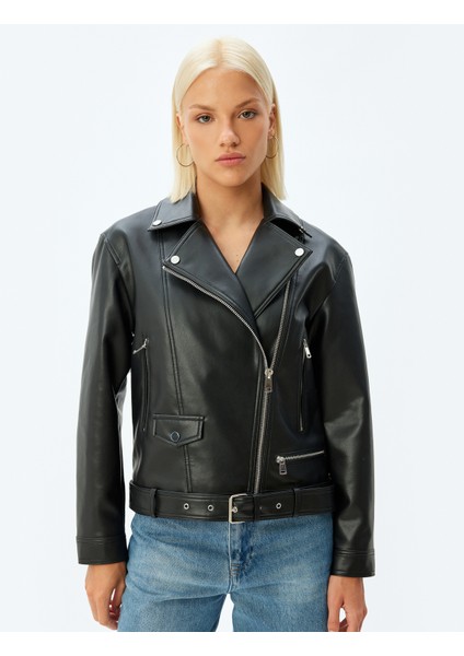 Yeni Sezon Crop Oversize Suni Deri Biker Ceket Fermuarlı Cepli Kemer Detaylı modelleri