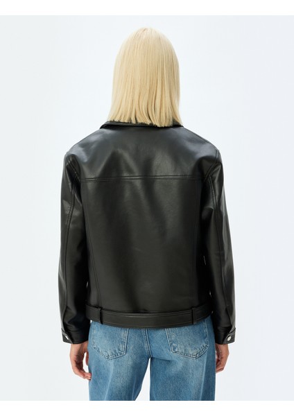 Yeni Sezon Crop Oversize Suni Deri Biker Ceket Fermuarlı Cepli Kemer Detaylı fırsatları