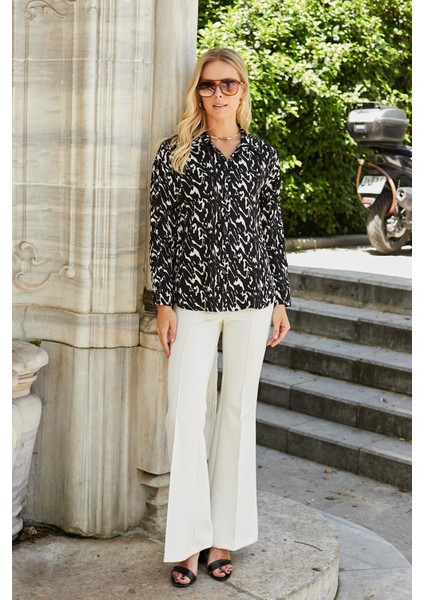 Kadın Likrasız Viskon Vual Desenli Yakalı Düşük Omuzlu Uzun Kol Şık Gömlek-Siyah Desen fiyatları