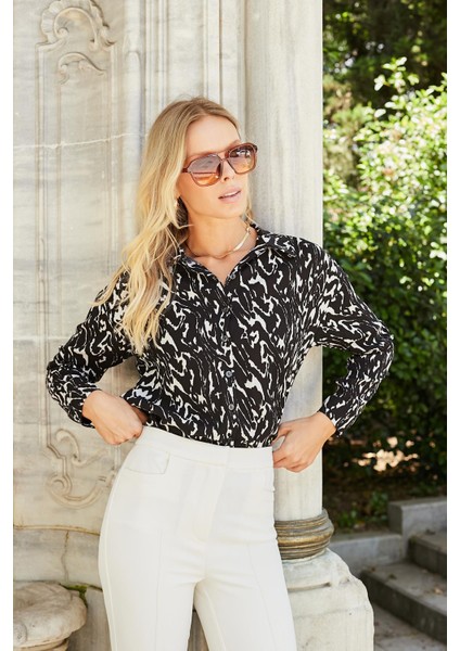 Kadın Likrasız Viskon Vual Desenli Yakalı Düşük Omuzlu Uzun Kol Şık Gömlek-Siyah Desen modelleri