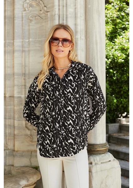 Kadın Likrasız Viskon Vual Desenli Yakalı Düşük Omuzlu Uzun Kol Şık Gömlek-Siyah Desen fırsatları