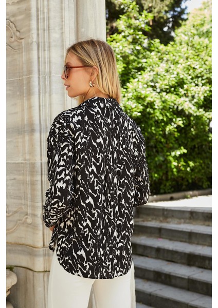 Kadın Likrasız Viskon Vual Desenli Yakalı Düşük Omuzlu Uzun Kol Şık Gömlek-Siyah Desen indirimleri