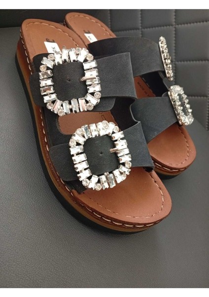 37145 Dolgu Topuklu Orotpedik Dikişli Taban Taşlı Terlik modelleri