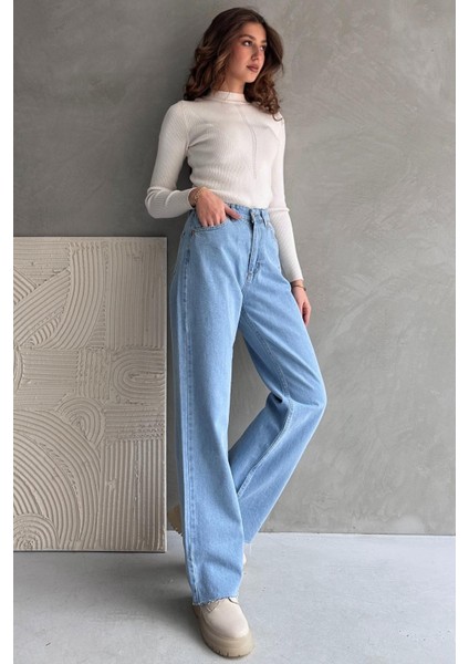 Yüksek Bel Geniş Paça Dikişsiz Paça Wide Leg Jean - 1419 fırsatları