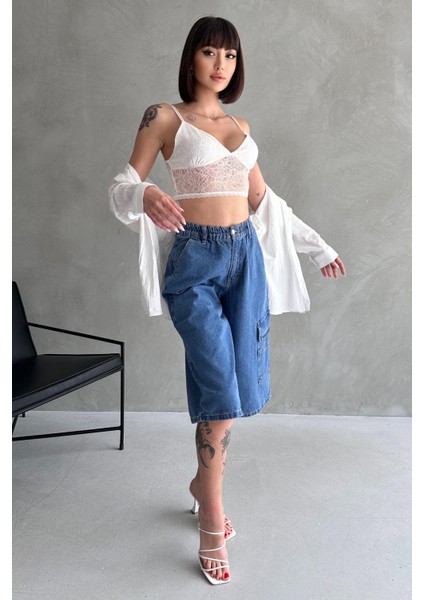Diz Altı Geniş Kesim Tek Cepli Denim Bermuda