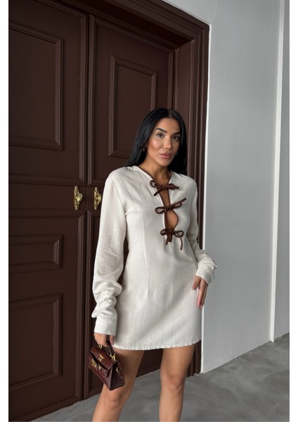 Kısa Elbise Ön Biye Bağlama Detaylı - Ham