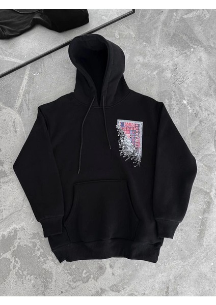 Uzun Kol Kapşonlu Ön ve Arka Baskılı Sweatshirt - Siyah modelleri