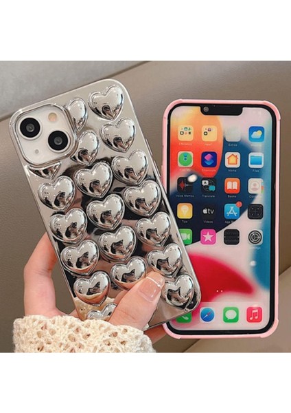 Iphone 15 Uyumlu Kılıf Krom Gümüş Kalp Darbelere Karşı Dayanıklı Yumuşak Silikon Kapak